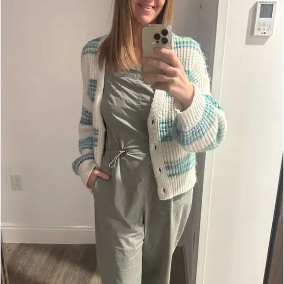 Slate & Willow White Teal Striped Oversized Cardigan Sweater SMALL Cropped $125 - Picture 5 of 10